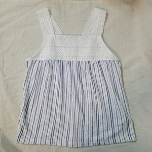 Old Navy White & Blue Striped Kids Sleeveless Top W/ Lace, 100% Cotton Girls 6-7